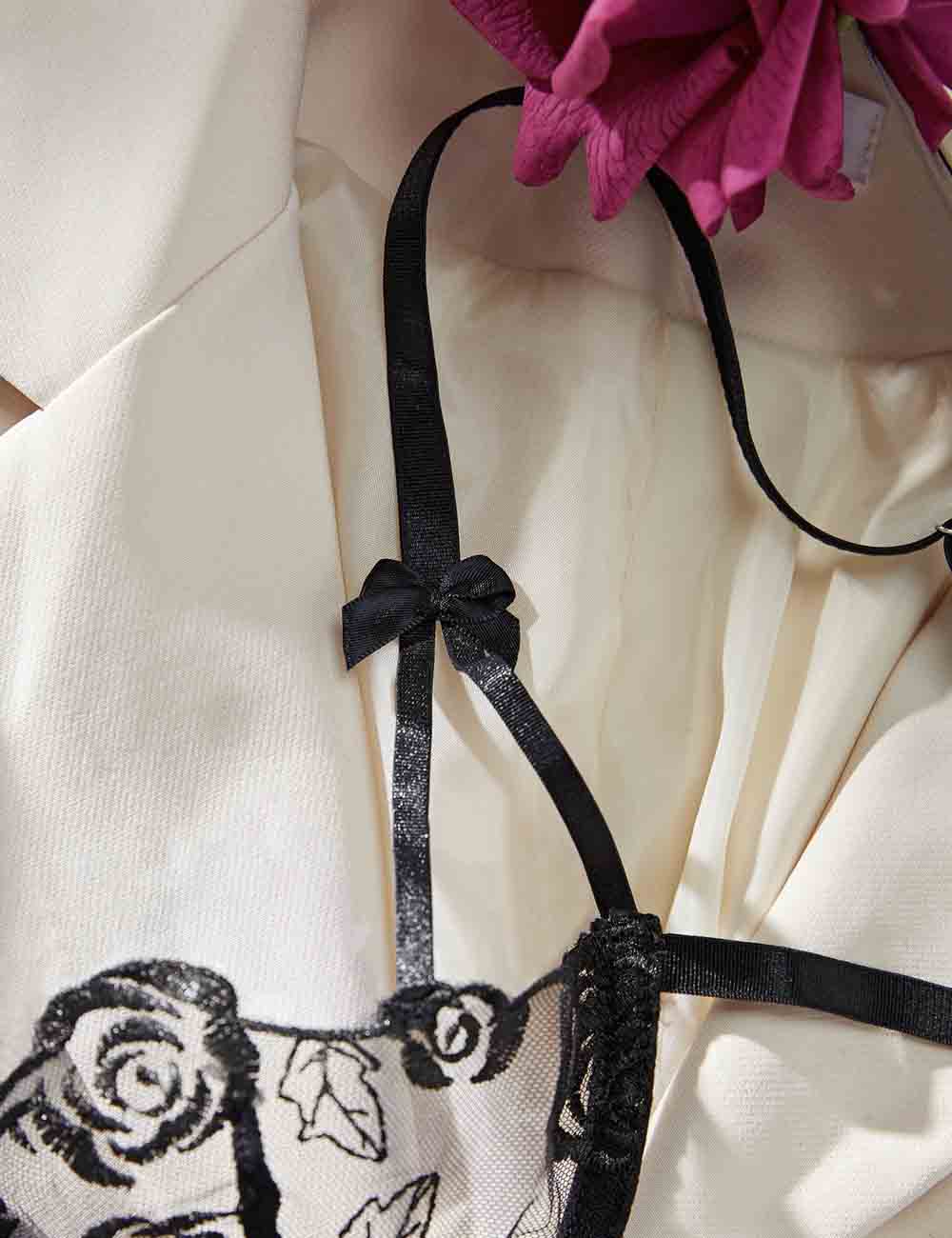 Ladies Floral Embroidery See Through 2PCS Lingerie Set 8HF4217