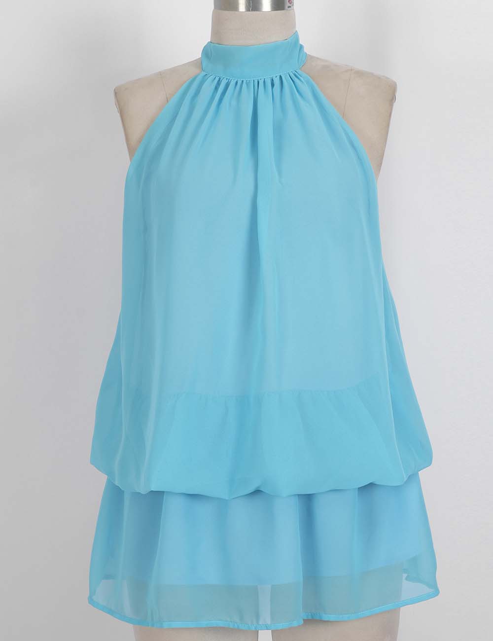 Ladies Chiffon Stand Neck Solid Color Ruffle Hem Sleeveless Top