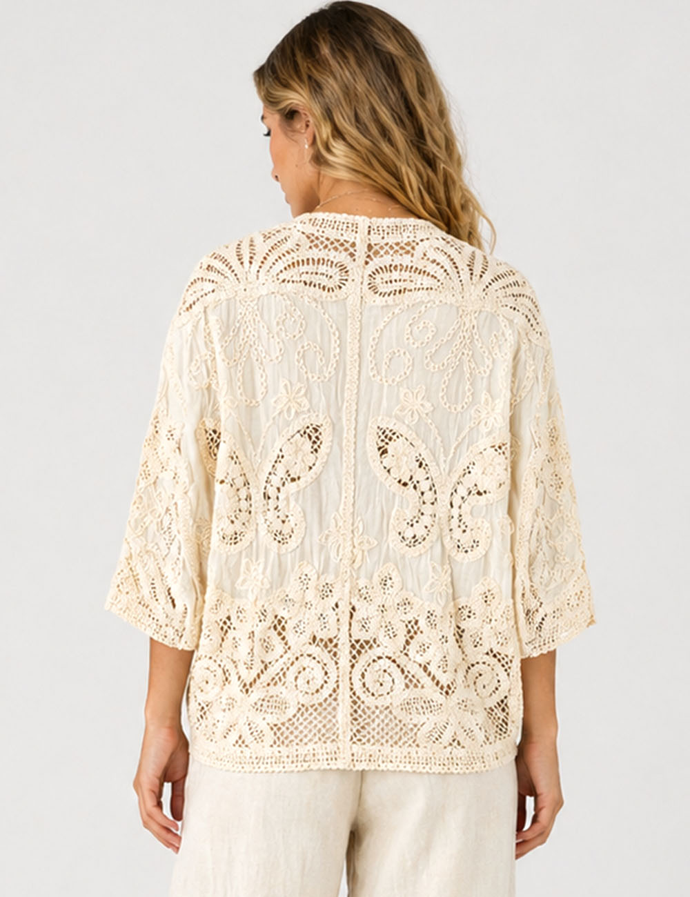 Ladies Crochet Embroidered Kimono Sleeves Cardigan