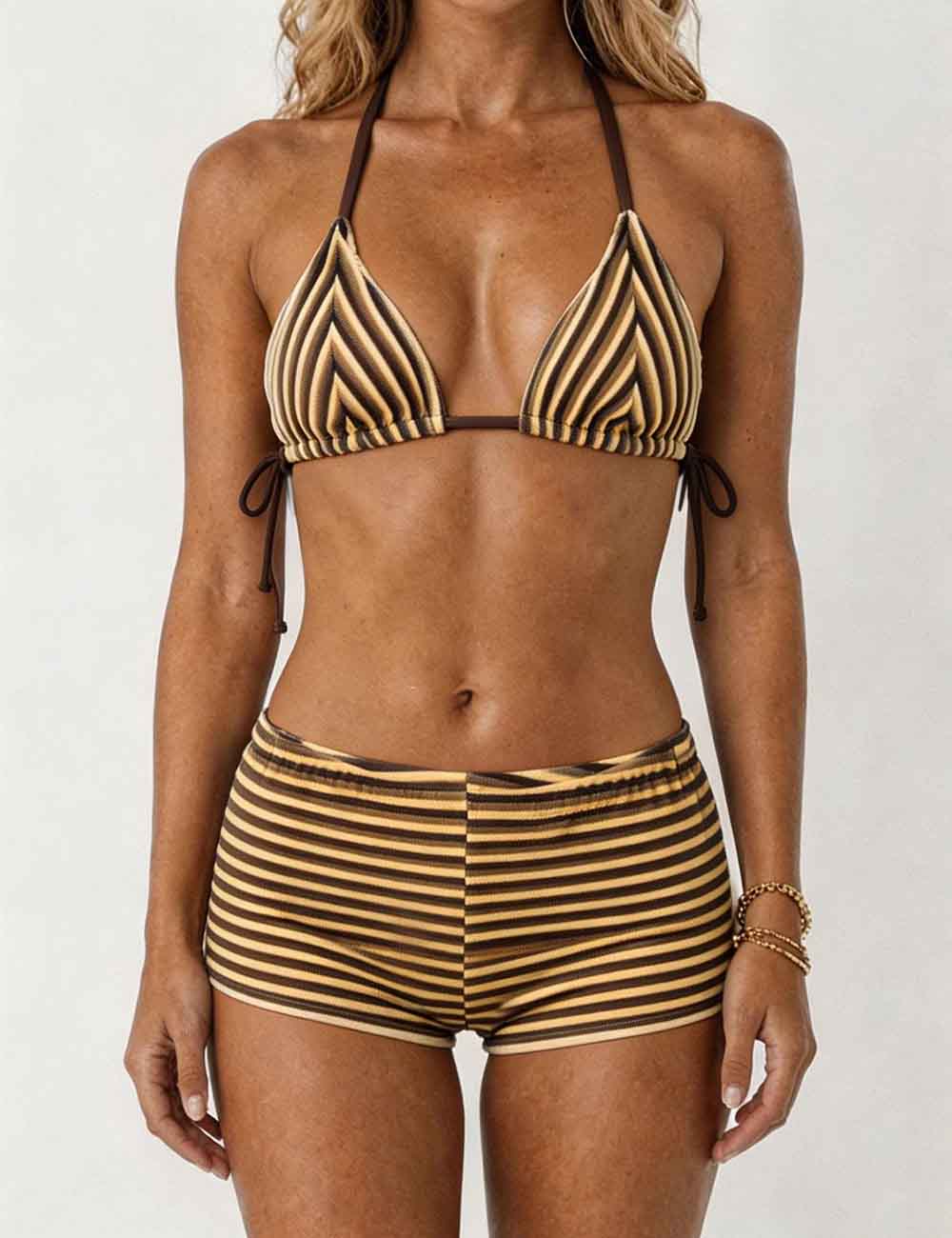 Ladies Striped Tie Back Triangle Halter Bikini Top & Shorts Swimsuit Set