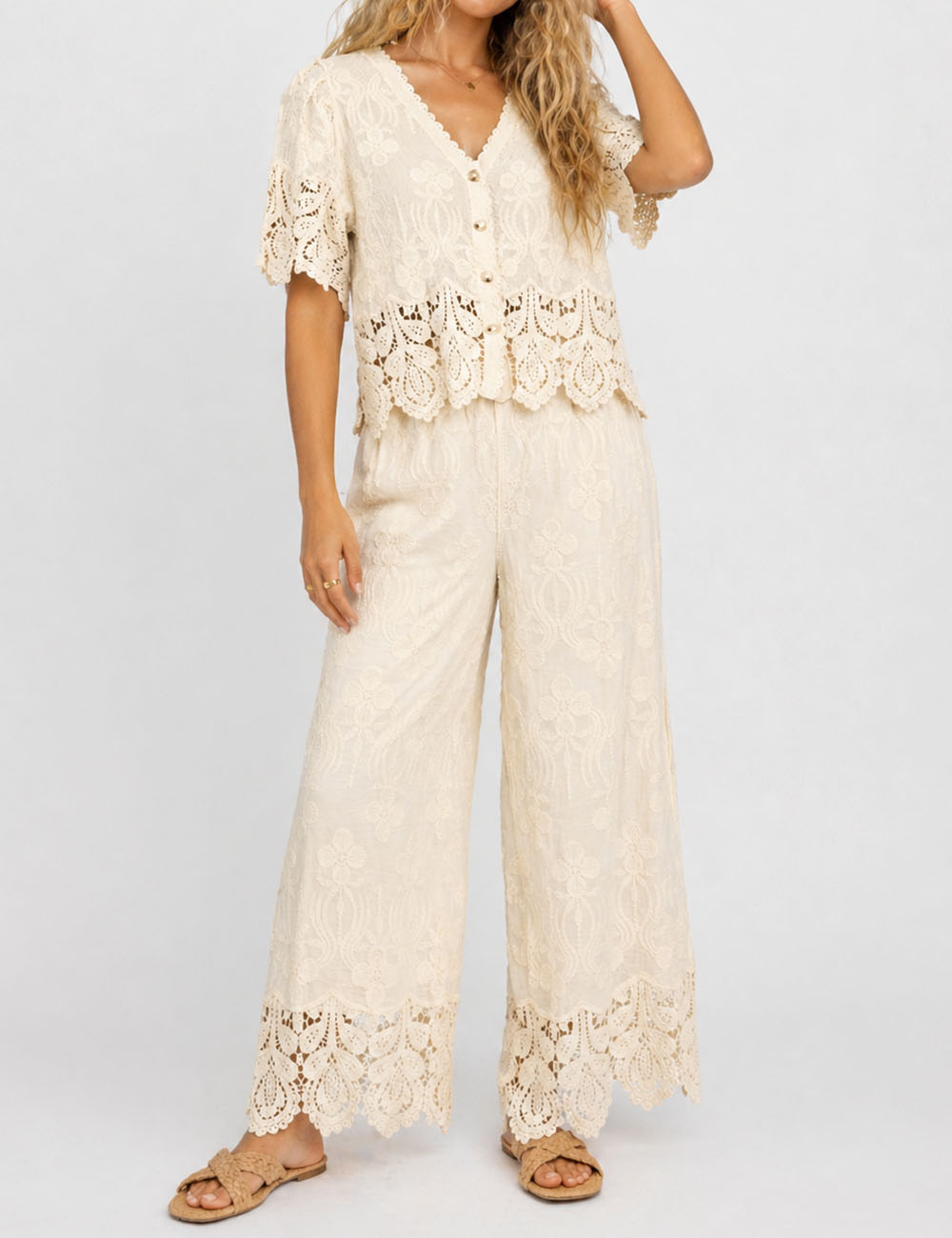 Ladies Crochet Lace Embroidered Button Top & Pants Set