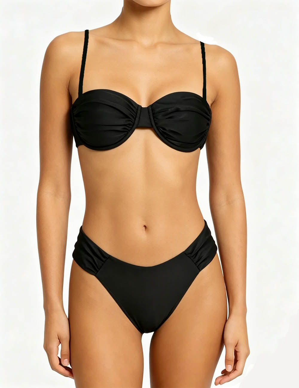 Ladies Solid Color Spaghetti Ruched Underwire Bikini Set