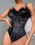 Ladies Feather Neck Velvet Lingerie Teddy SKLG4121