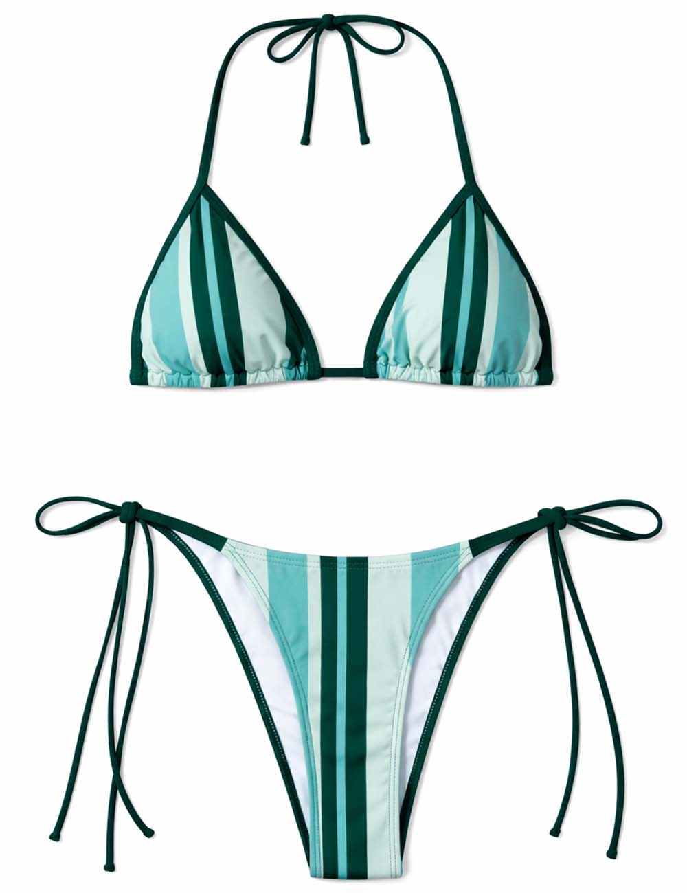 Ladies Striped Halter Neck Lace-Up Triangle Bikini Set