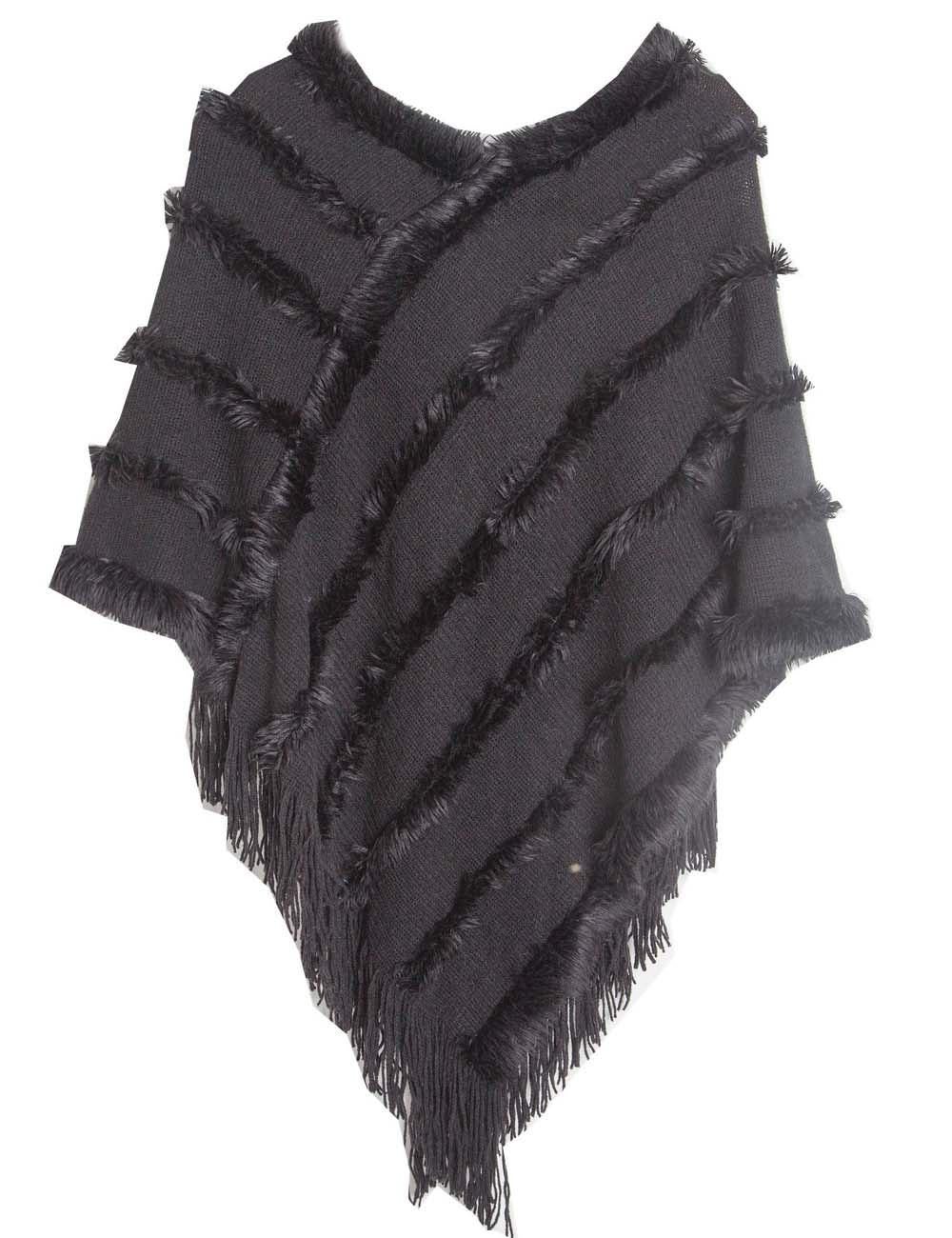 Ladies Tassel Trim Scarf V-Neck Solid Color Knit Shawl
