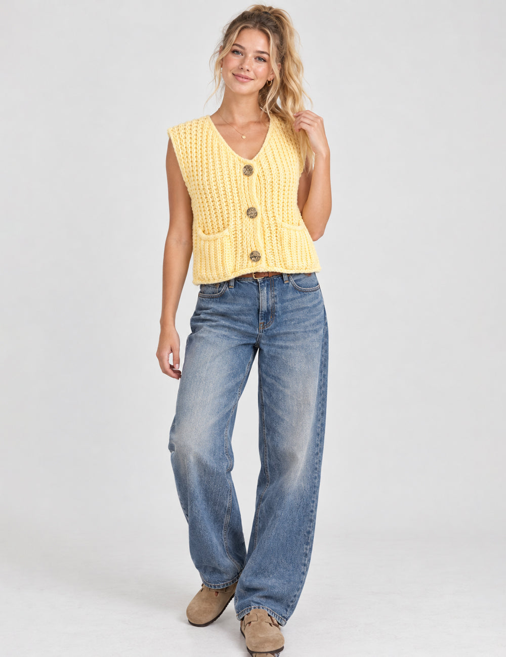 Ladies Solid Color Sleeveless Open Knit Sweater Vest
