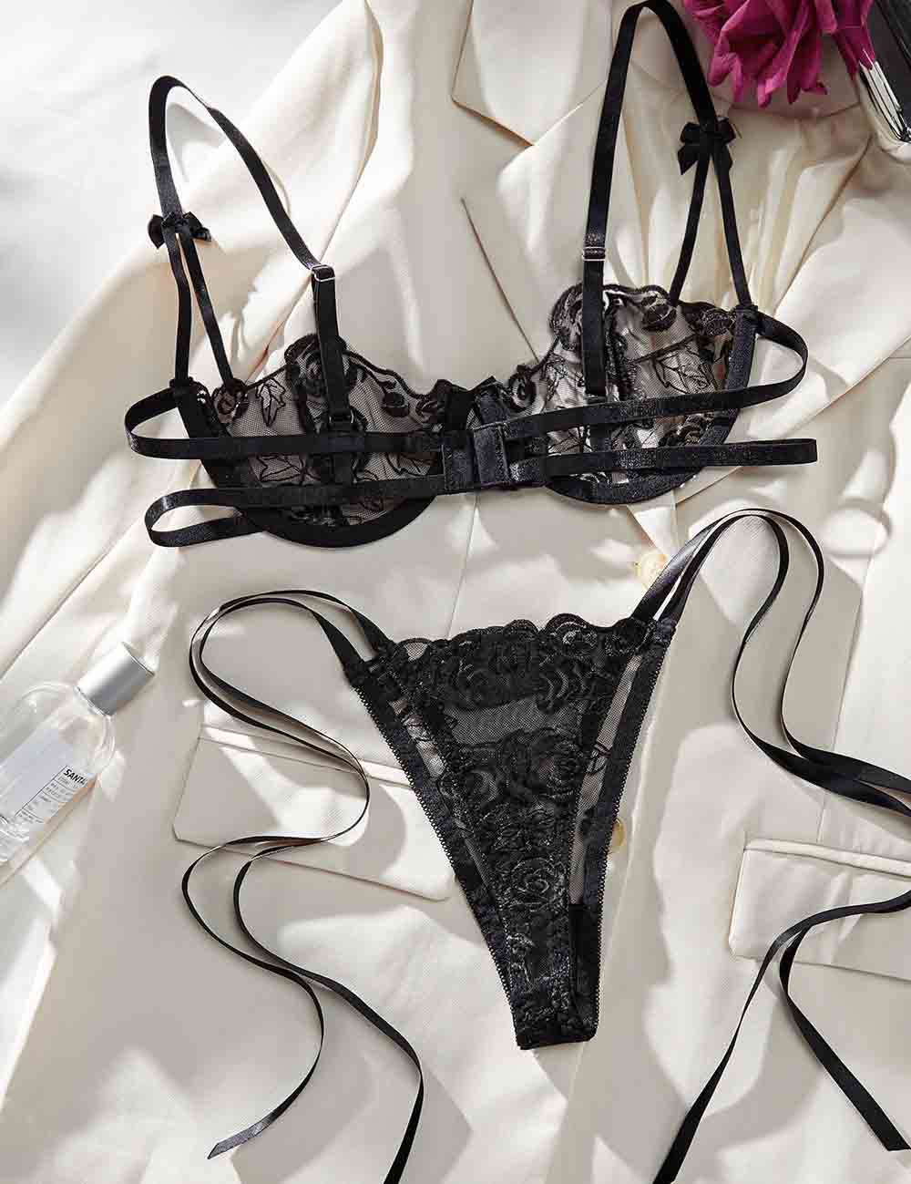 Ladies Floral Embroidery See Through 2PCS Lingerie Set 8HF4217