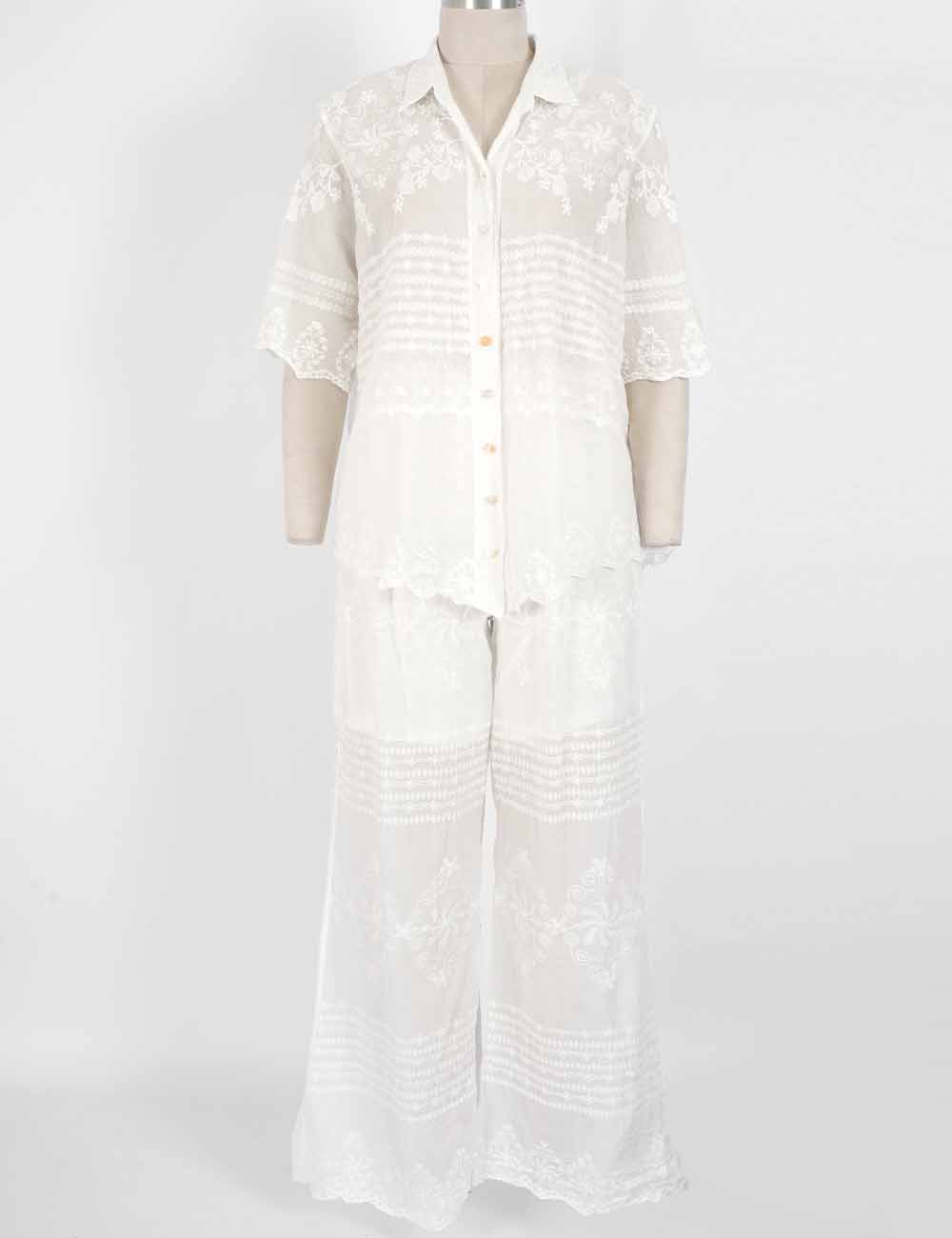Ladies Chic Embroidery Button-Up Blouse & Pants Matching Set
