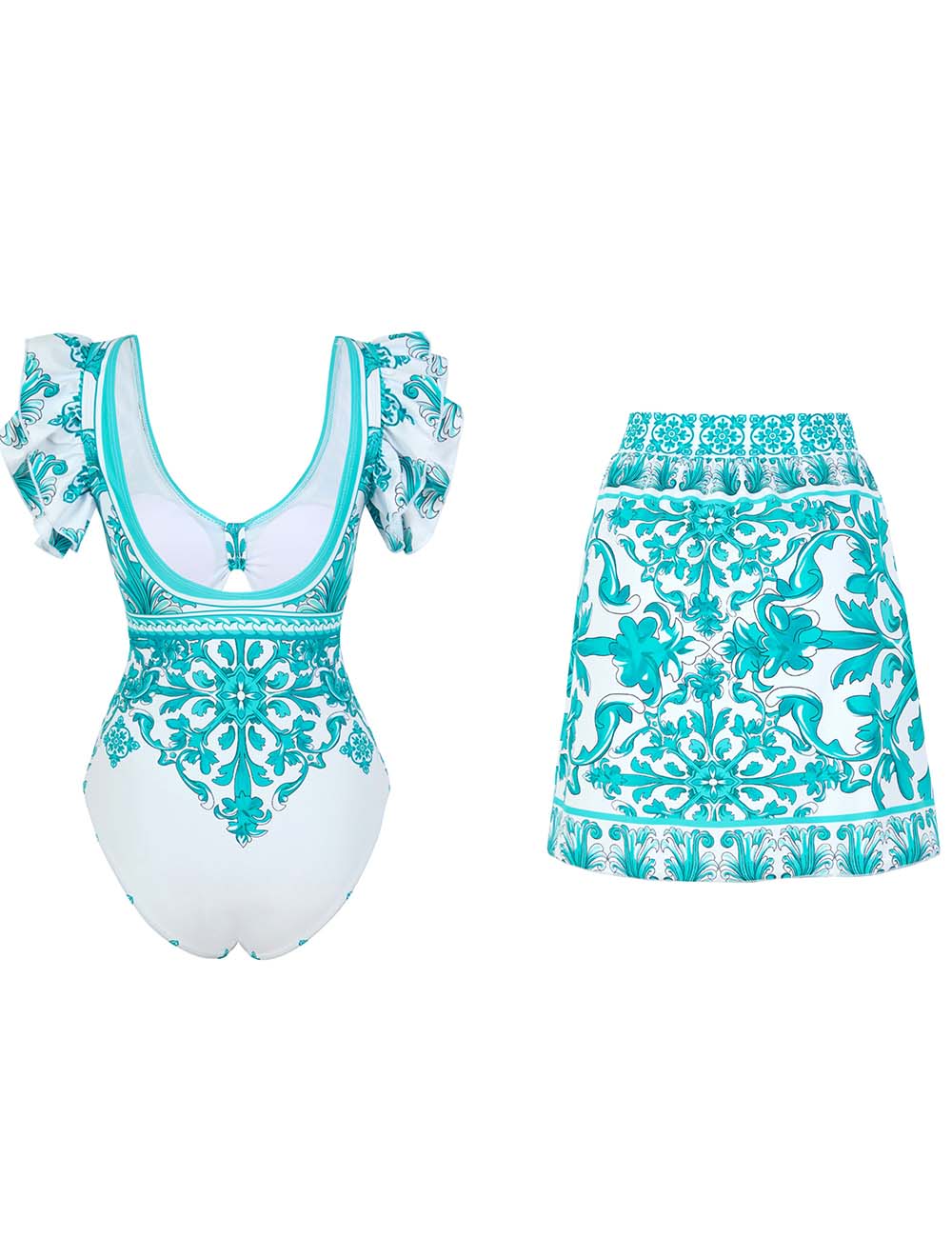 Ladies Ruff Sleeves One-Piece Swimsuit with Wrap Sarong