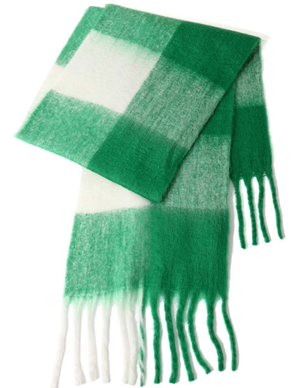 Ladies Color Block Checked Mohair Fringe Knit Scarf