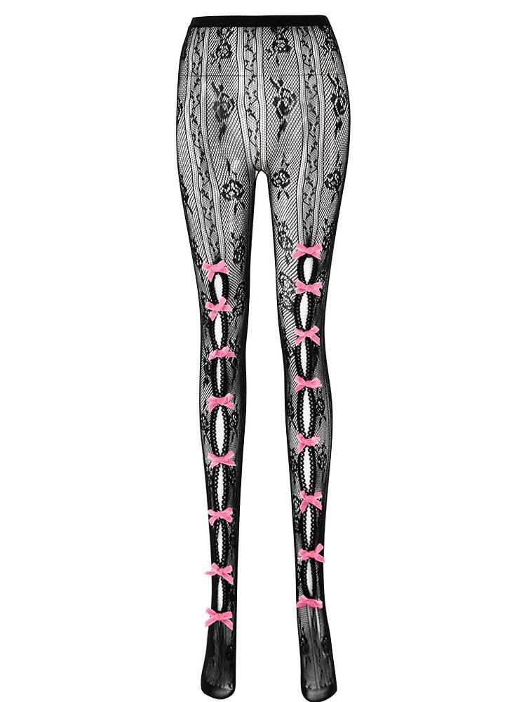 Ladies Punk Bowknot Stockings Color Block Pantyhose SKASC4114
