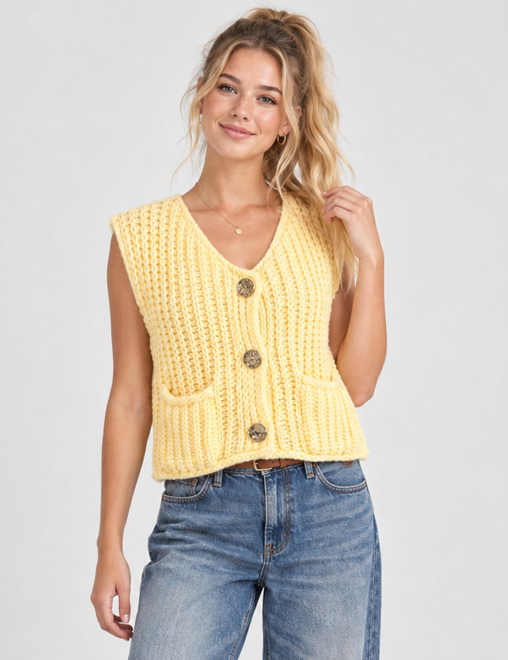 Ladies Solid Color Sleeveless Open Knit Sweater Vest