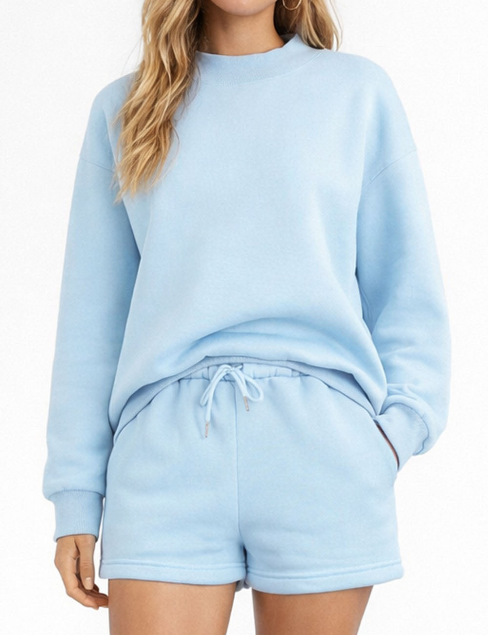 Ladies Casual Fleeced Mock Neck Sweatshirt & Shorts Matching Set