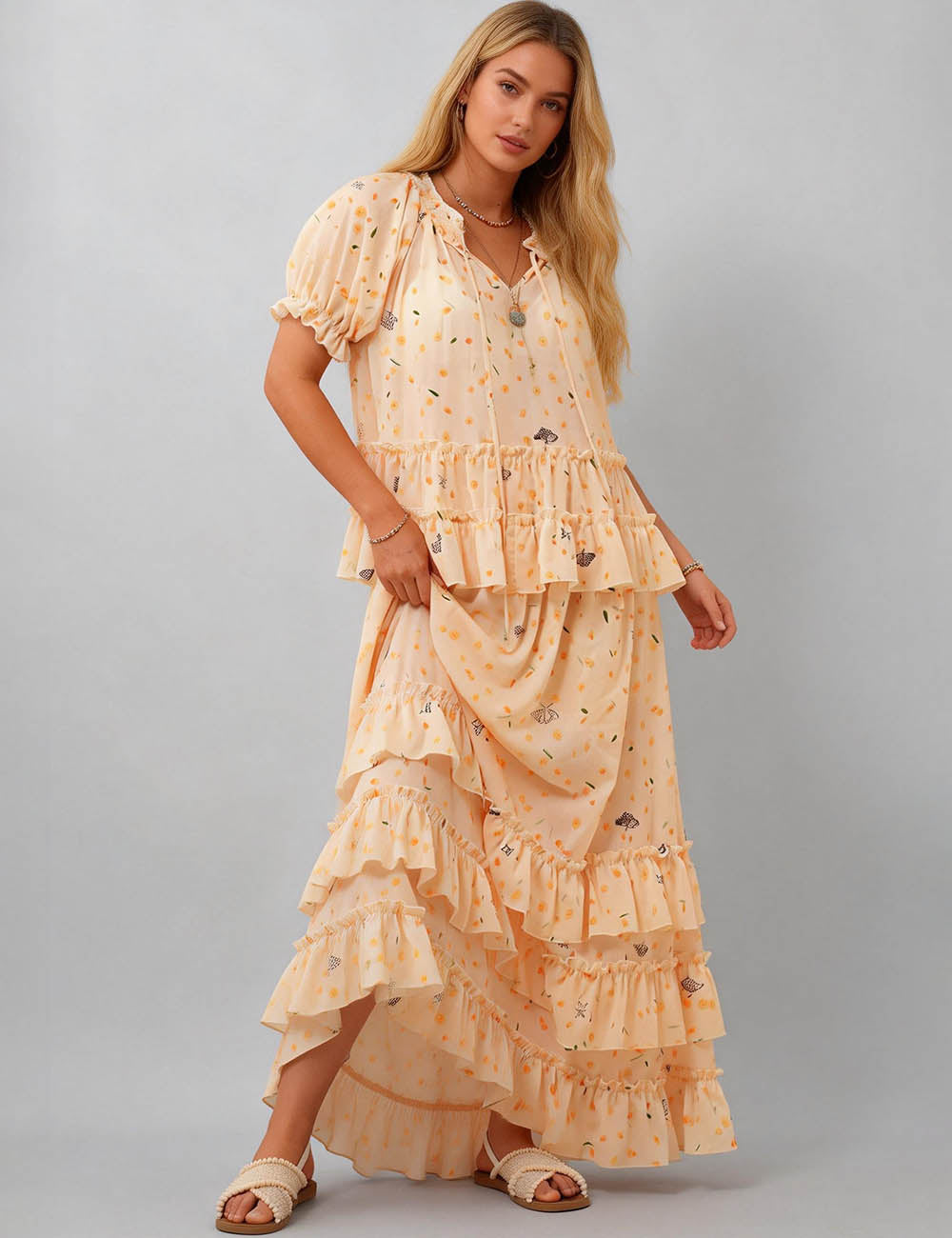 Ladies Floral Print Ruffle Blouse & Maxi Skirt Matching Set