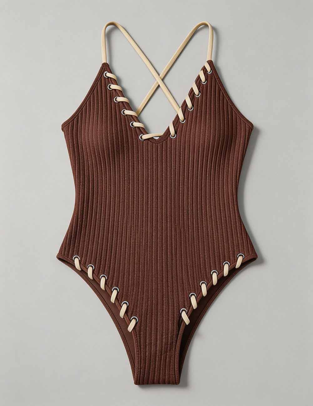 Ladies Lace-Up Accents Along High Leg Cut One Piece Swimsuit