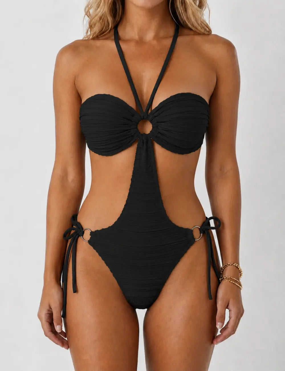 Ladies Openwork Design Halter Neck One Piece Swimsuit
