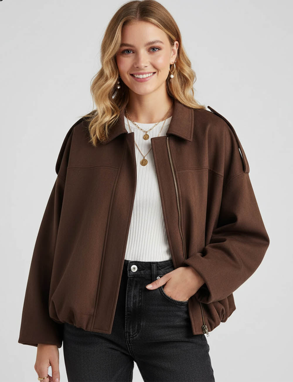 Ladies Faux Suede Bomber Jacket Shirt Collar Zip-Up Coat