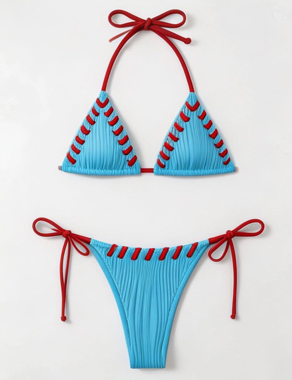 Ladies Contrast Stitch Ribbed Halter Triangle 2 Piece Bikini Set
