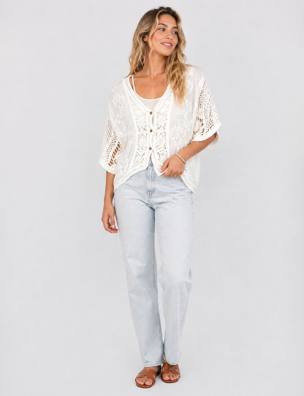 Ladies Boho Embroidery Crochet Knit Kimono Sleeves Cardigan