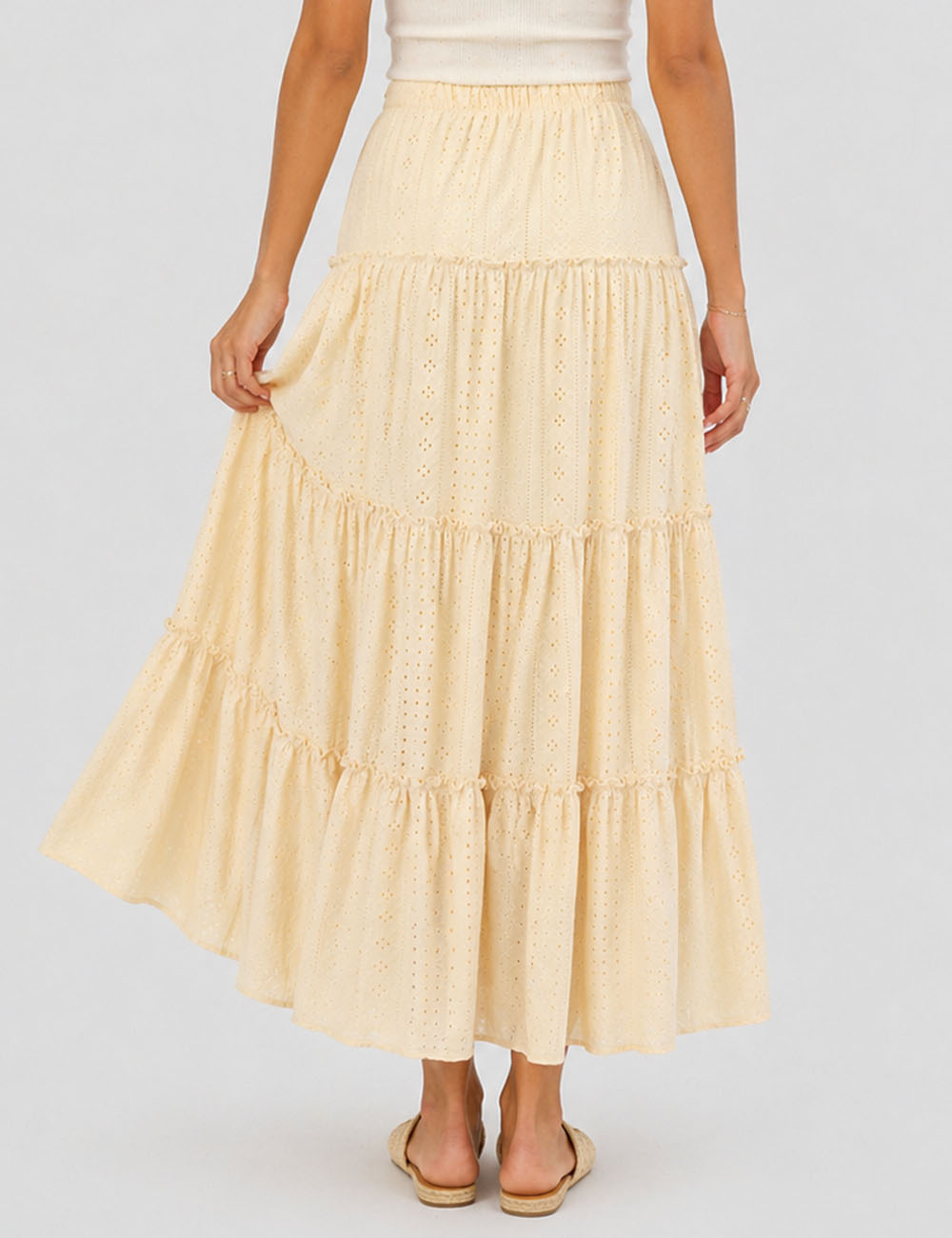 Ladies Solid Color Eyelet Tiered Ruffle  Maxi Skirt