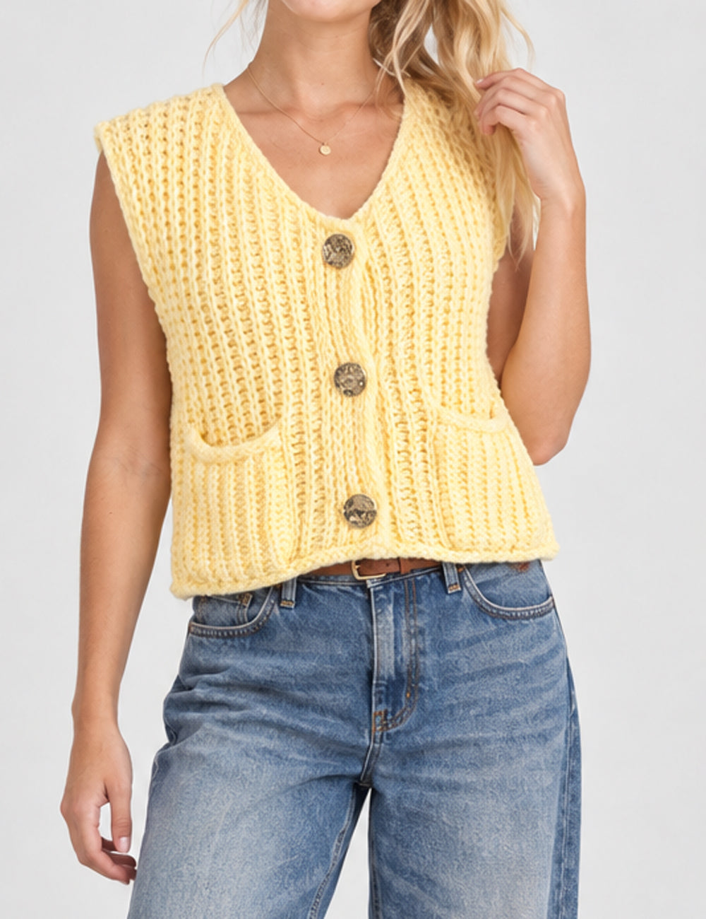 Ladies Solid Color Sleeveless Open Knit Sweater Vest