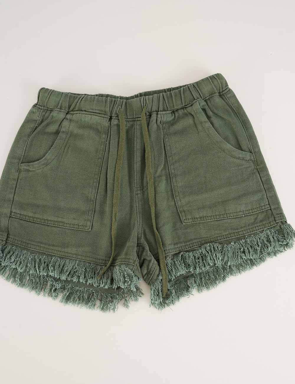 Ladies Solid Color Drawstring Waist Frayed Hem Denim Shorts