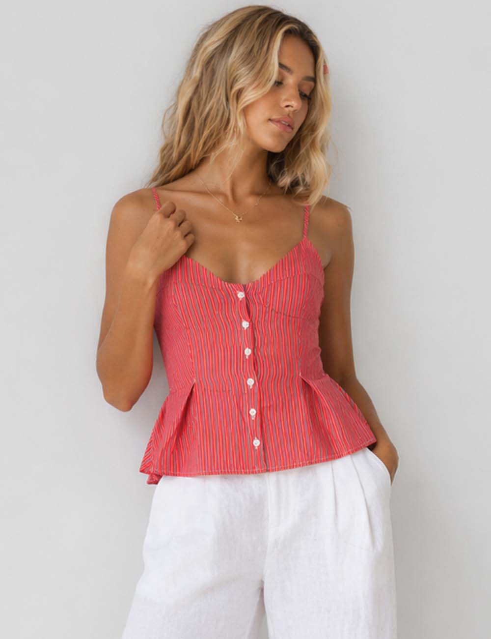 Ladies Chic Striped Spaghetti Strap Button Front Peplum Cami Top