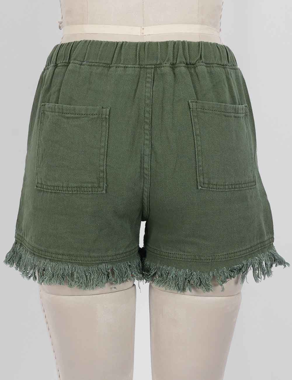Ladies Solid Color Drawstring Waist Frayed Hem Denim Shorts