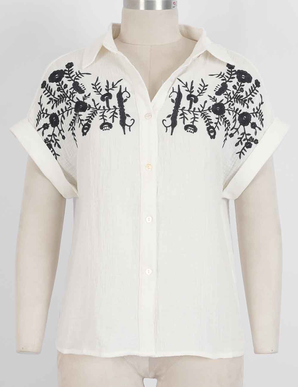 Ladies Embroidery Shirt Collar Button Down Short Sleeves Blouse