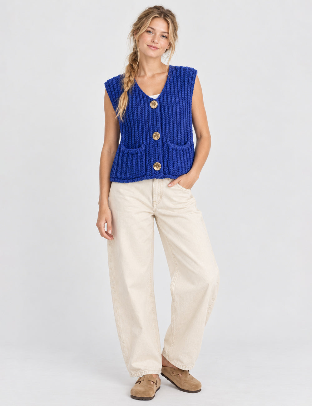 Ladies Solid Color Sleeveless Open Knit Sweater Vest