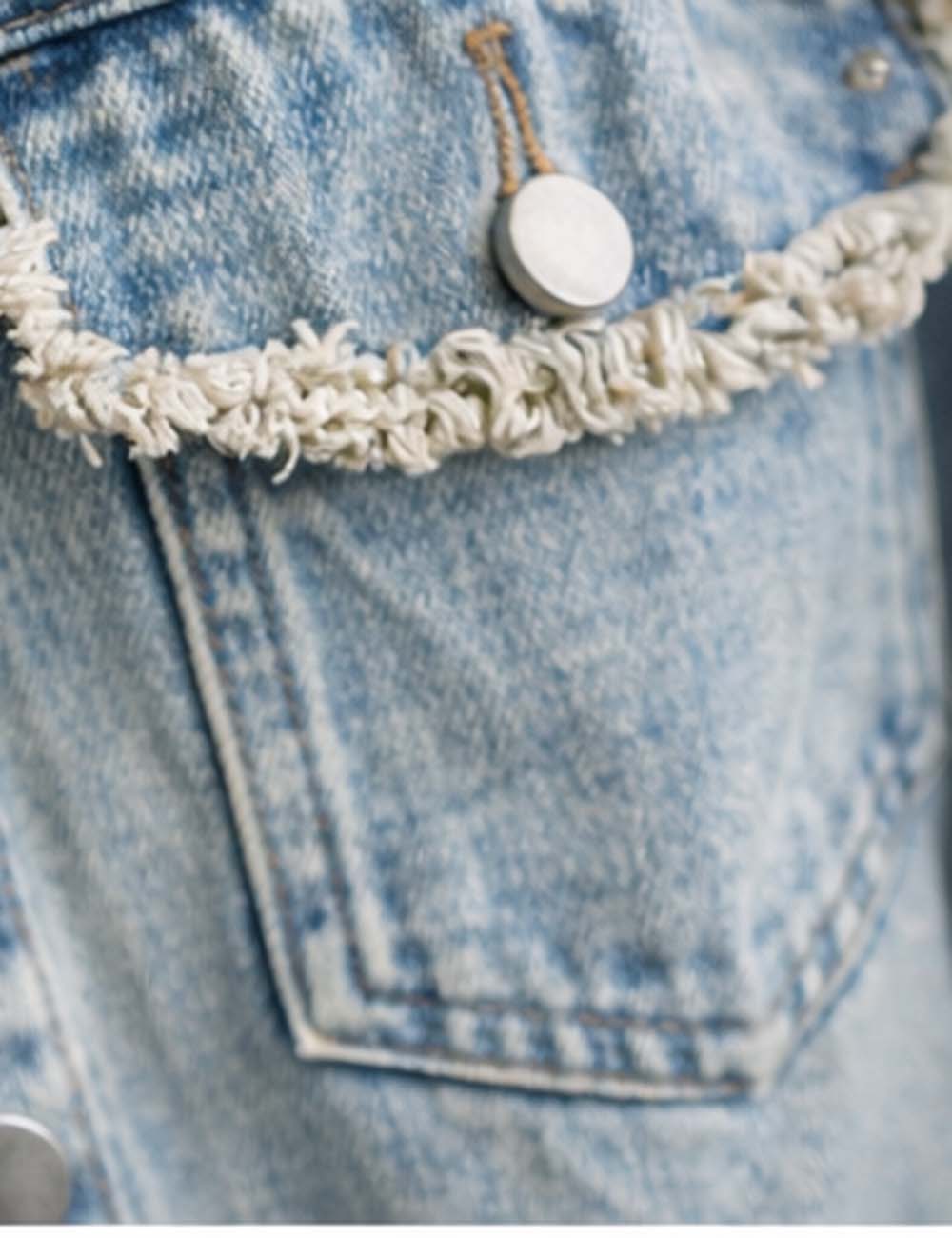 Ladies Faux Pearl Beaded Frayed Hem Cropped Denim Jacket