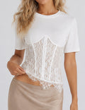 Ladies Lace Scalloped Hem Round Neck Short Sleeves Top
