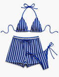 Ladies Striped Crochet Triangle 3 Piece Bikini Set With Cover Up Shorts