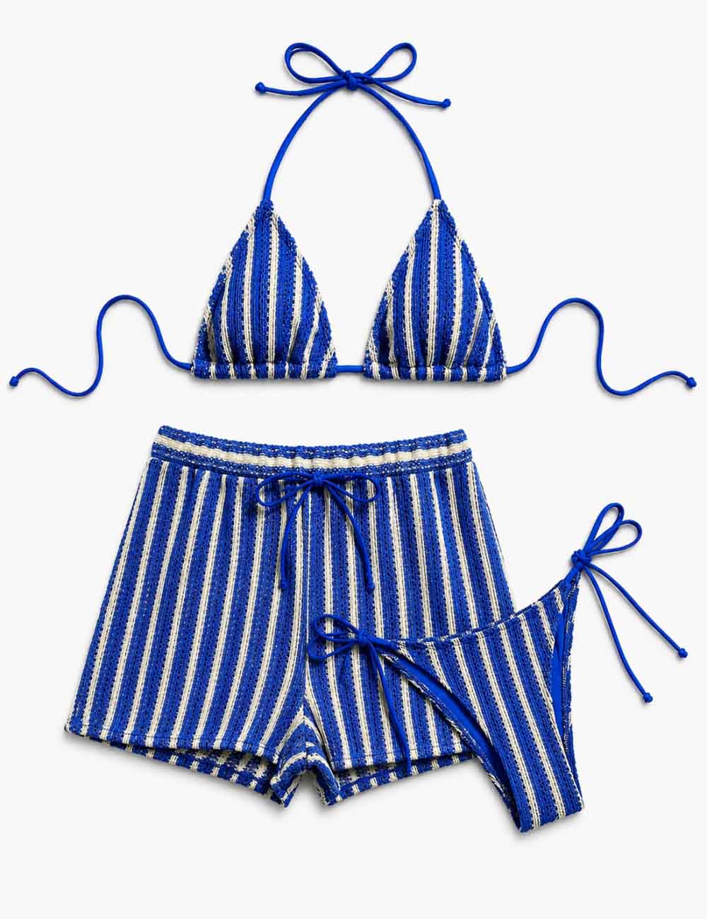 Ladies Striped Crochet Triangle 3 Piece Bikini Set With Cover Up Shorts