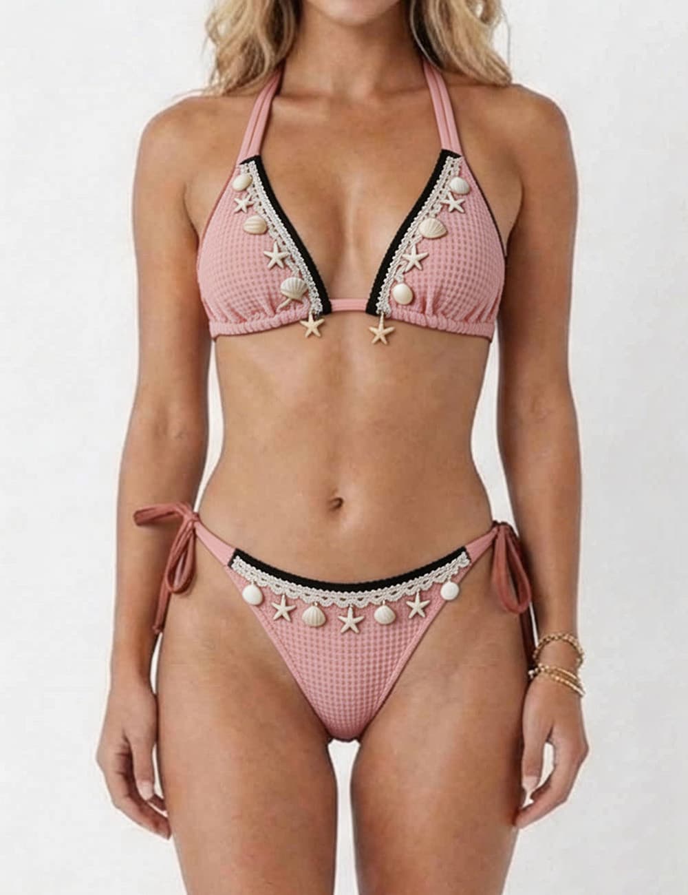 Ladies Waffle Shell Crochet Trim Halter Triangle 2 Piece Bikini Set