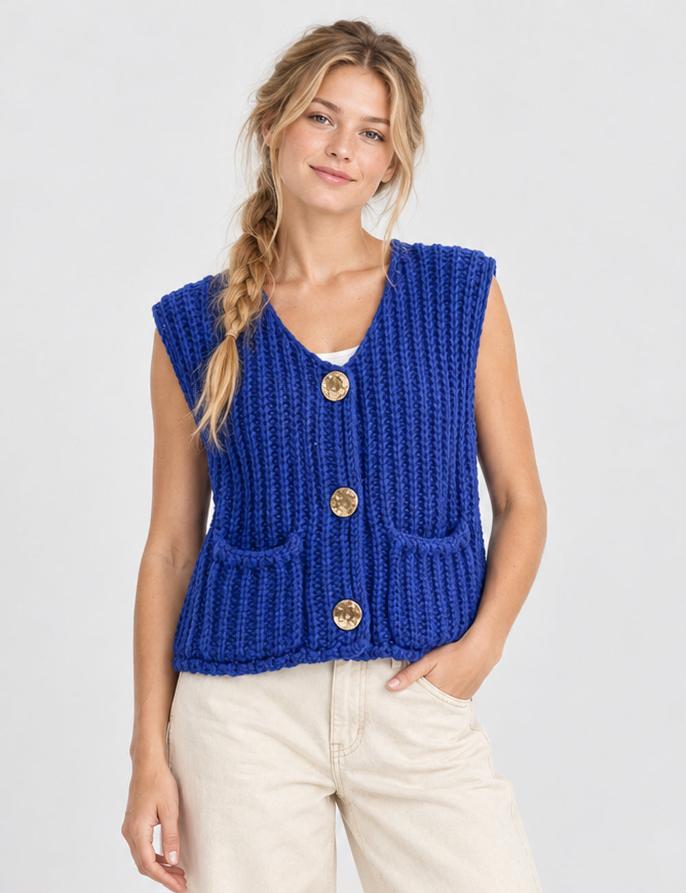 Ladies Solid Color Sleeveless Open Knit Sweater Vest