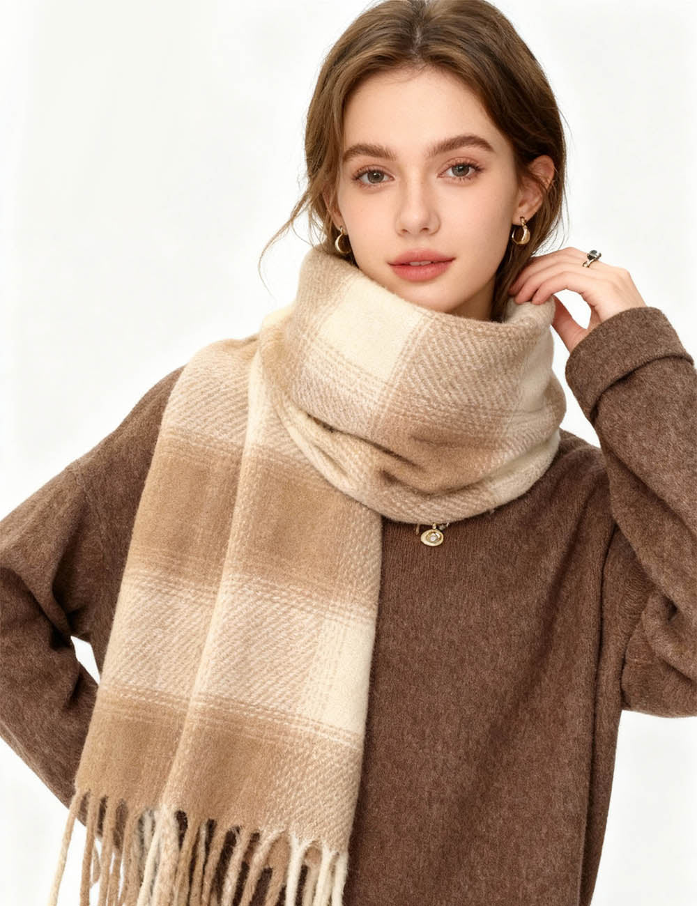 Ladies Color Block Checked Fringe Knit Scarf