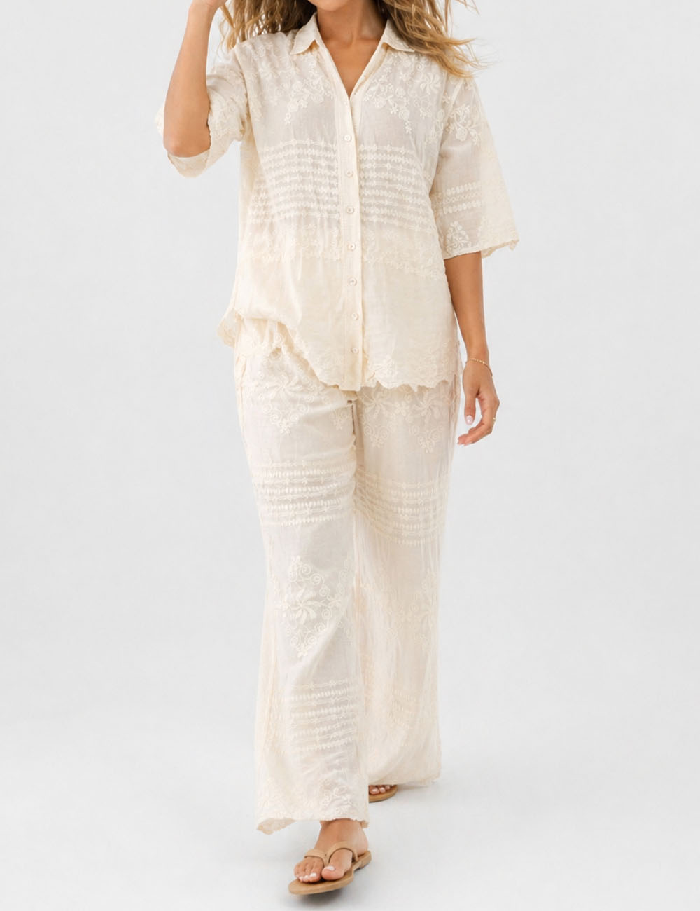 Ladies Chic Embroidery Button-Up Blouse & Pants Matching Set