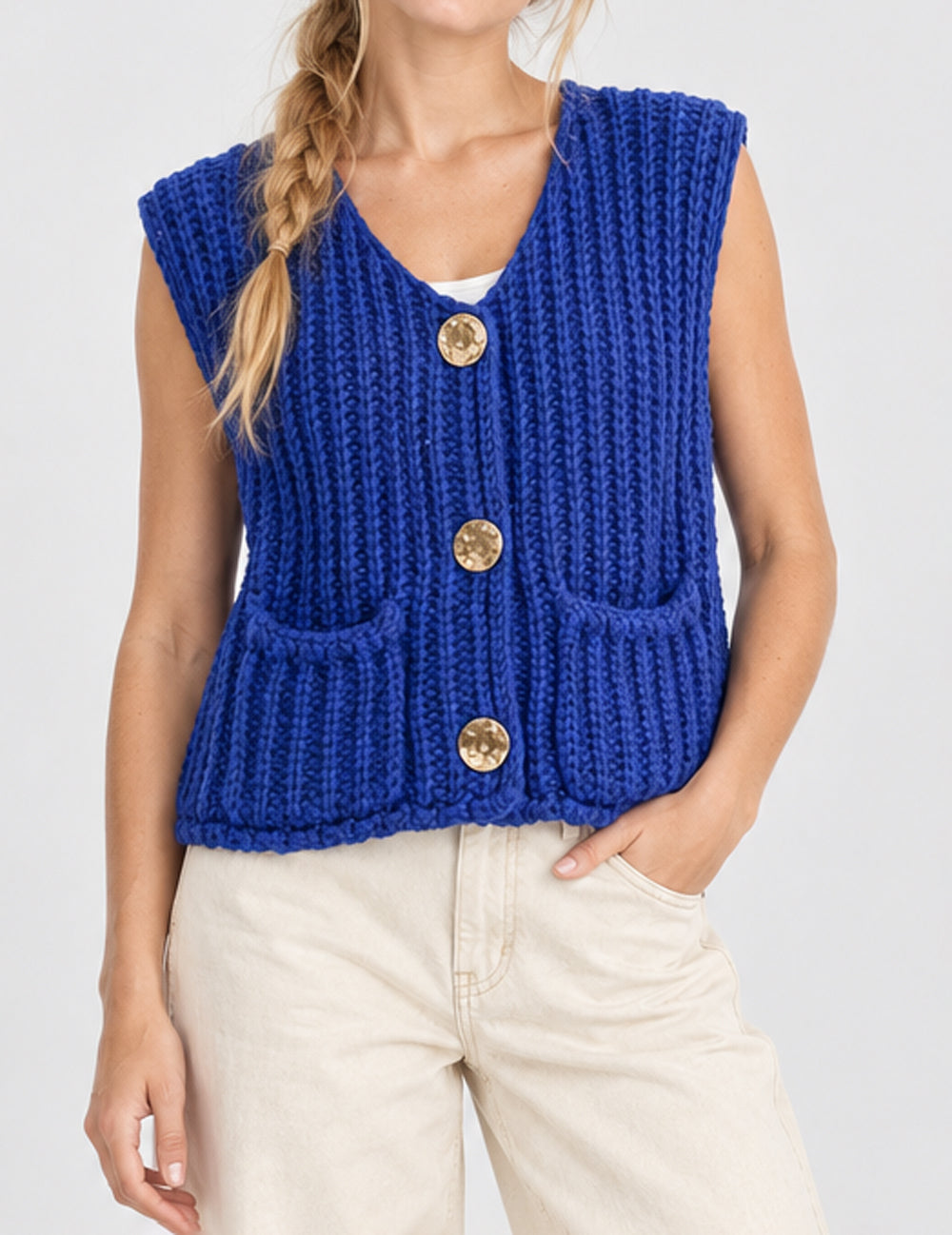Ladies Solid Color Sleeveless Open Knit Sweater Vest