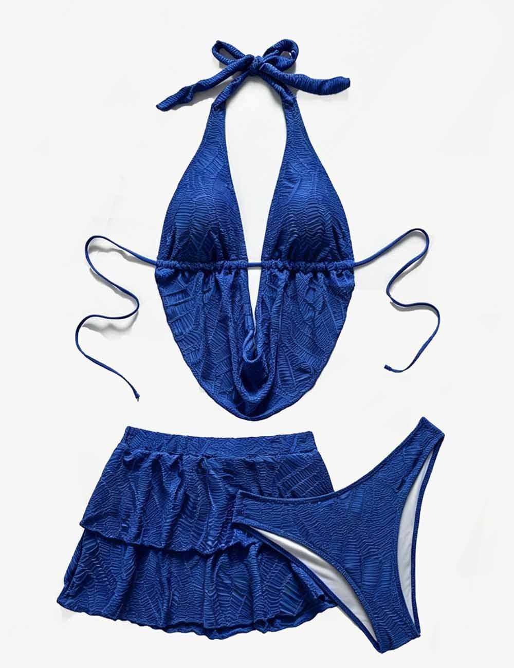 Ladies Cowl Drape Detail Triangle Bikini Set with Mini Skirt