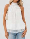 Ladies Chiffon Stand Neck Solid Color Ruffle Hem Sleeveless Top