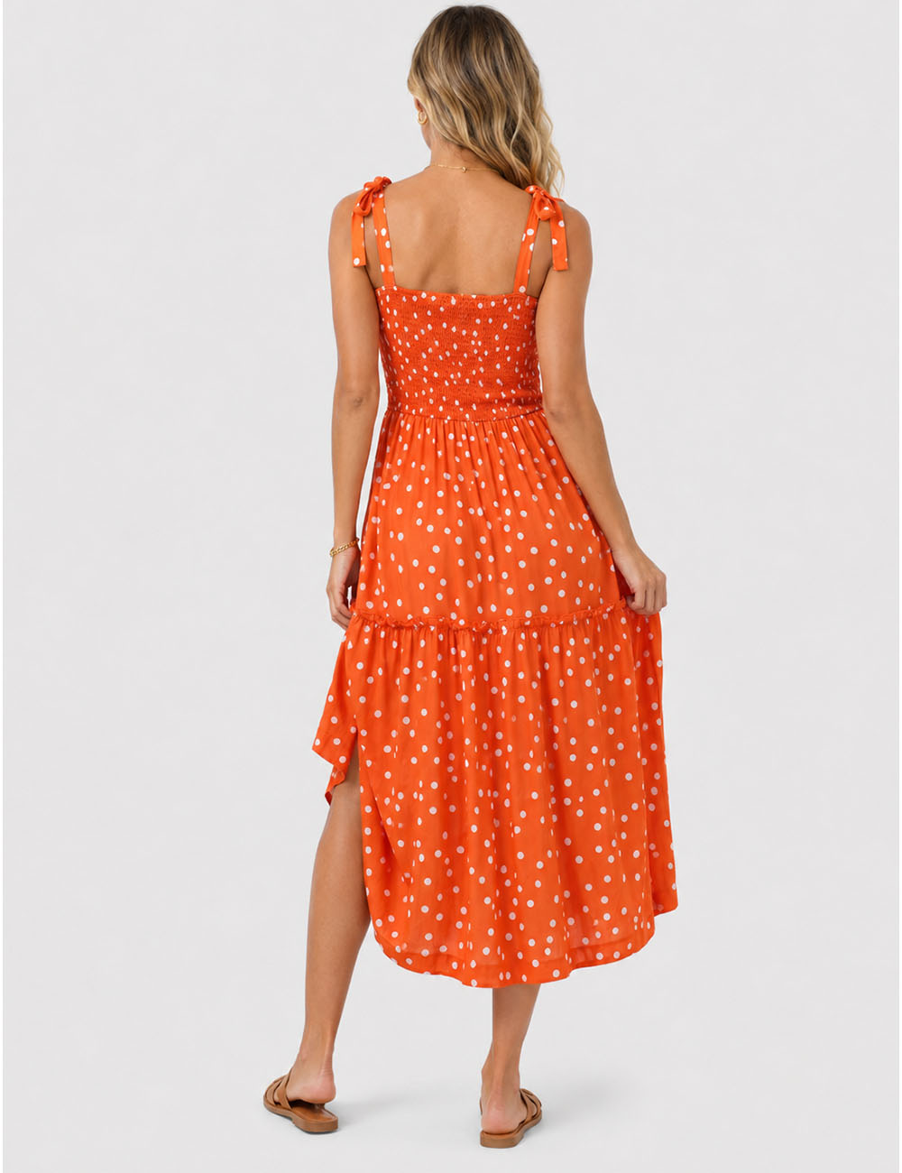 Ladies Abstract Print Smocked Tie Strap Square Neck Midi Dress