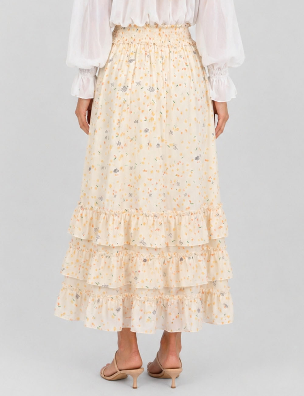 Ladies Floral Tiered Ruffle Smocked Waist Maxi Skirt