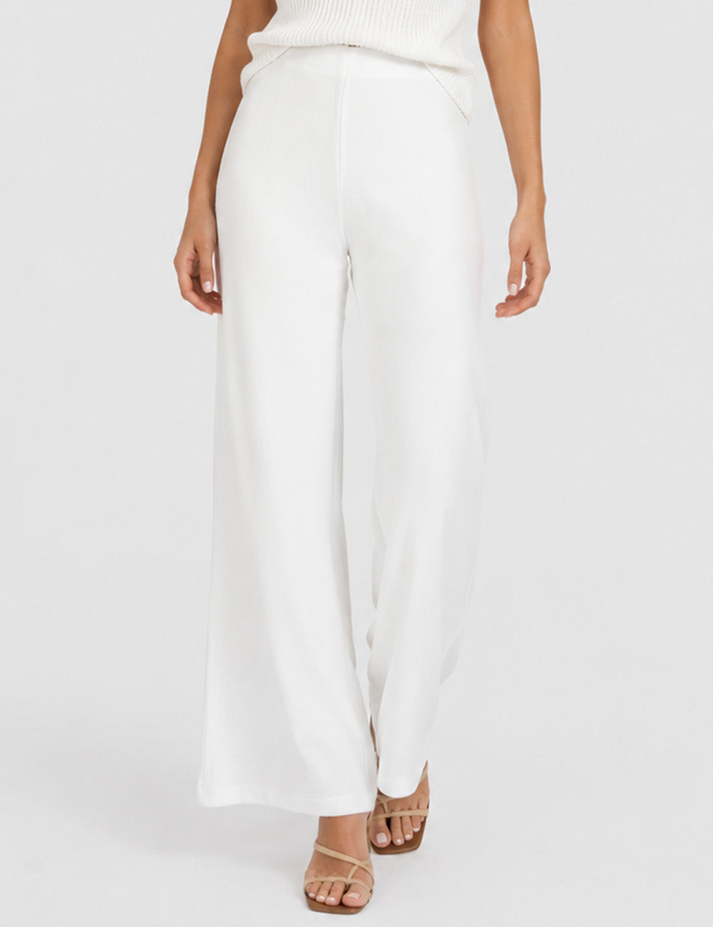 Ladies Solid Color Elastic Waist Wide Leg Pants