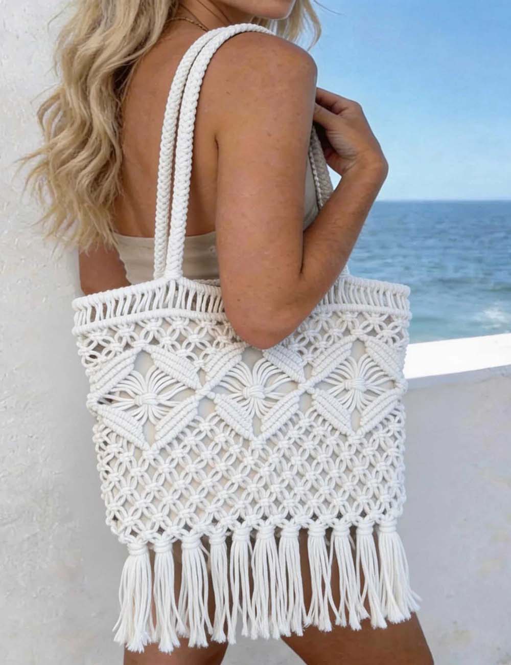 Ladies Boho Macrame Fringe Handle Beach Tote Bag