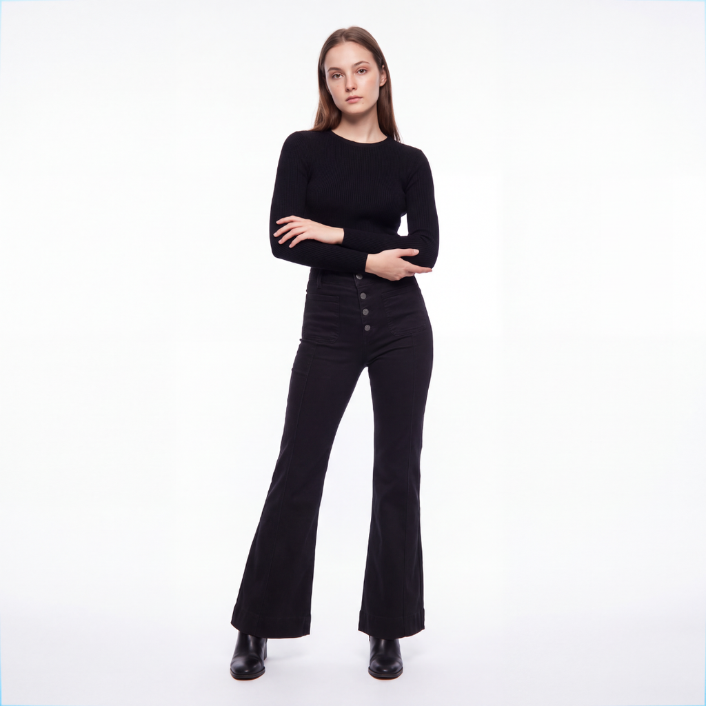 Women's Black High Waist Button Fly Stretch Flare Jeans