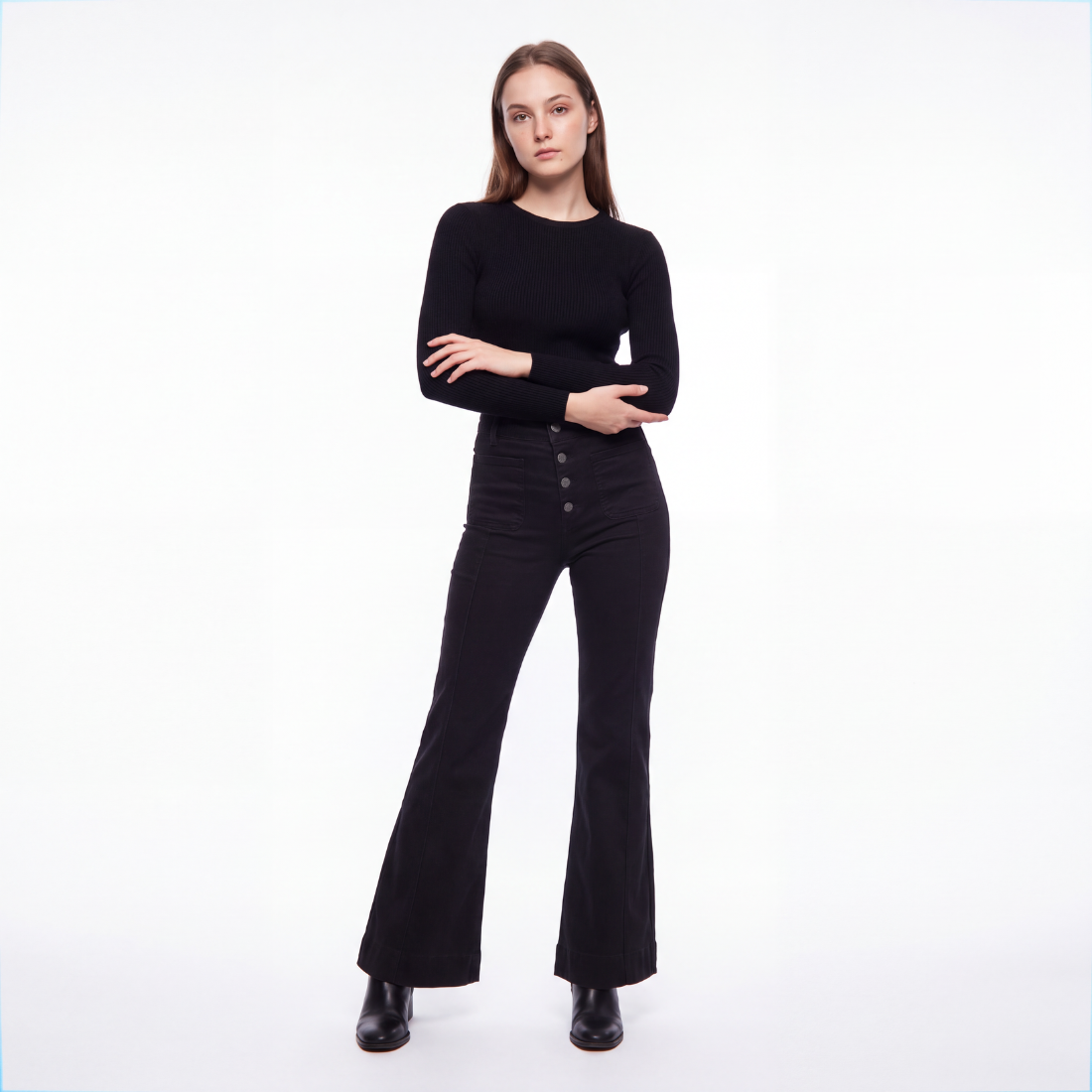Women's Black High Waist Button Fly Stretch Flare Jeans