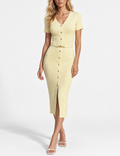 Ladies V-Neck Button Front Ribbed Knit Bodycon Midi Dress