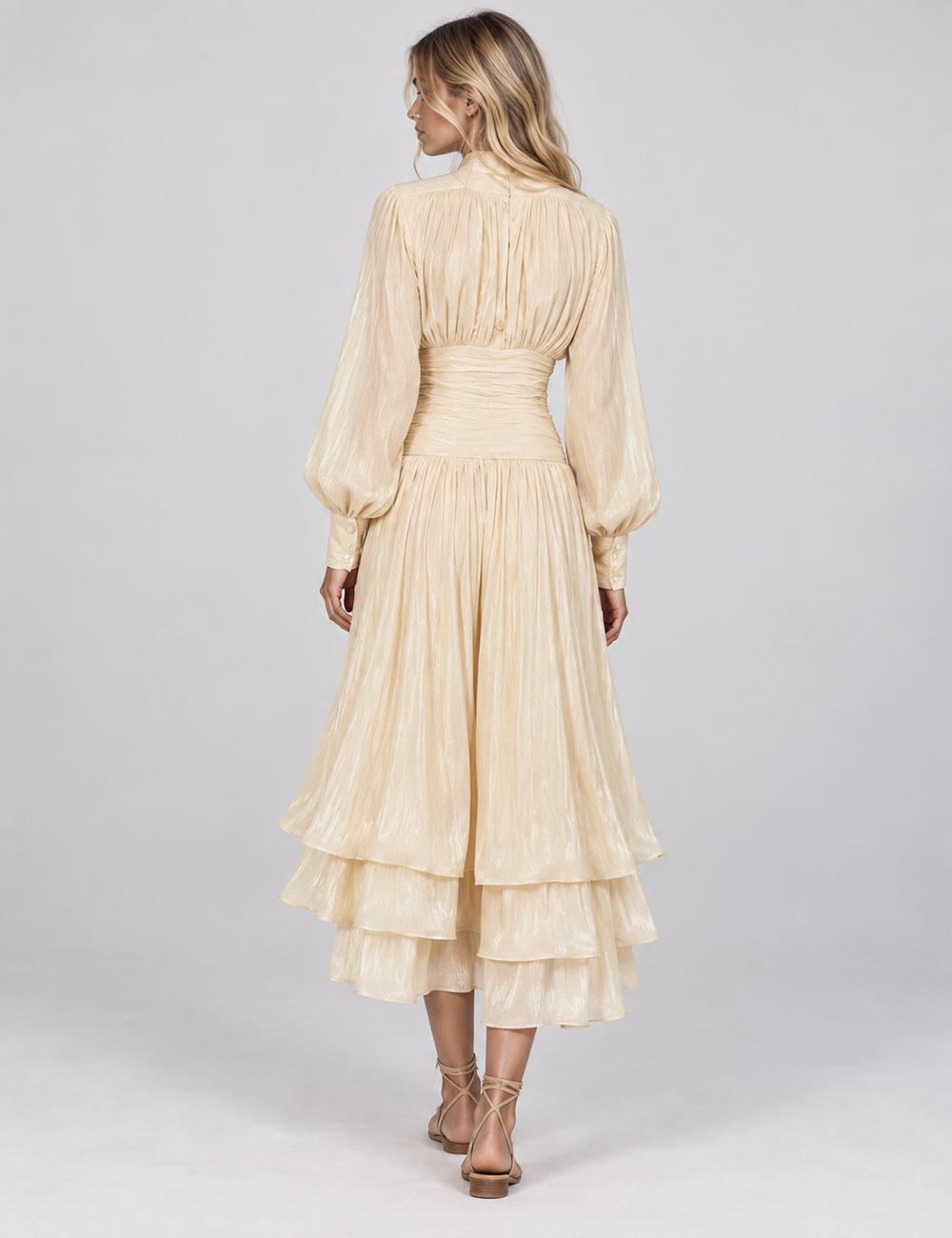 Ladies Puff Sleeves Ruched Button Tiered Midi Dress
