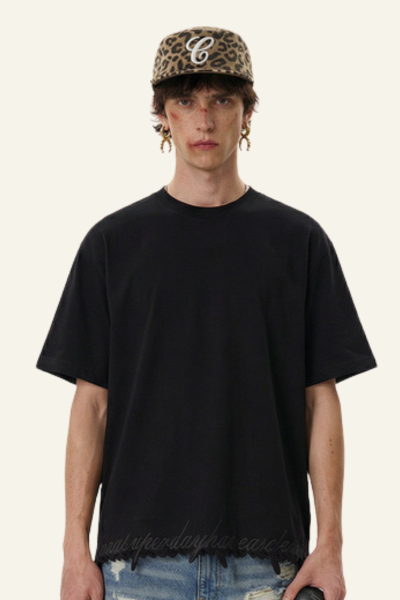Men's Streetwear  Embroidered Raw-Edge Drop-Shoulder T-Shirt
